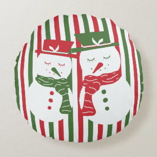 Mellow Geo Stripes -Christmas red green snowman. Round Cushion