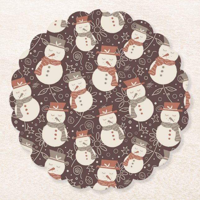 Mellow Snowmen - Christmas pattern amaro red. Paper Coaster (Front)