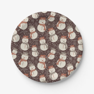 Mellow Snowmen - Christmas pattern amaro red. Paper Plate