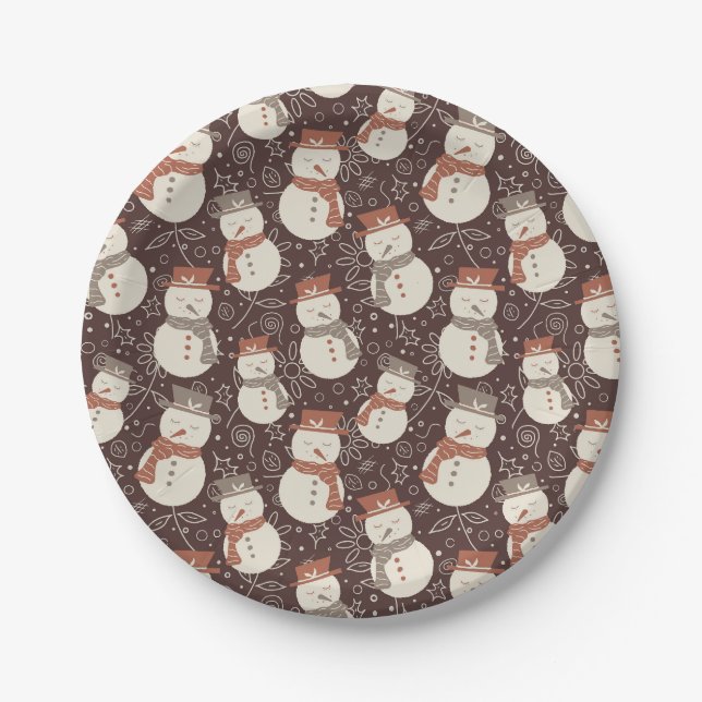 Mellow Snowmen - Christmas pattern amaro red. Paper Plate (Front)