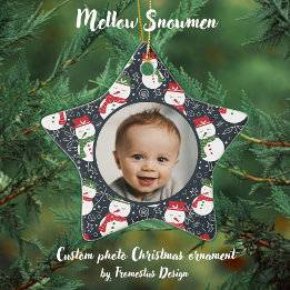Mellow Snowmen - First Christmas photo custom. Ceramic Ornament