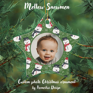Mellow Snowmen - First Christmas photo custom. Ceramic Ornament