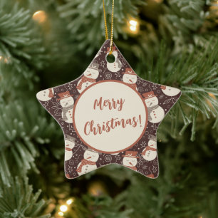 Mellow Snowmen - Merry Christmas! editable red. Ceramic Ornament