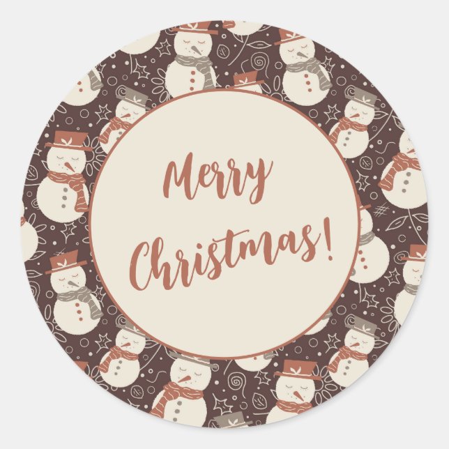 Mellow Snowmen - Merry Christmas! editable red.  Classic Round Sticker (Front)