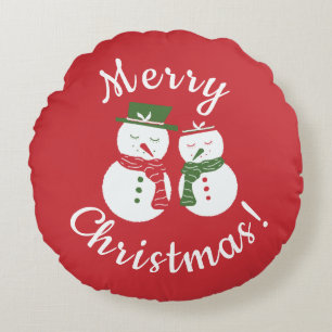 Mellow Snowmen - snowman + Merry Christmas side. Round Cushion