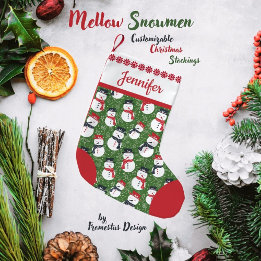 Mellow Snowmen - Xmas red on green customisable. Small Christmas Stocking