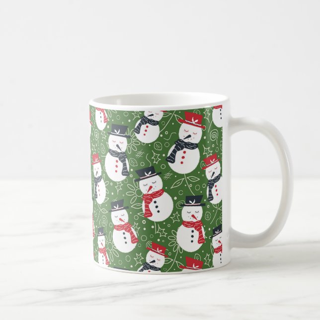 Mellow Snowmen - Xmas red on green pattern. Coffee Mug (Right)