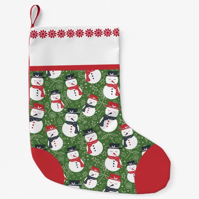 Mellow Snowmen - Xmas red on green. Small Christmas Stocking (Front)