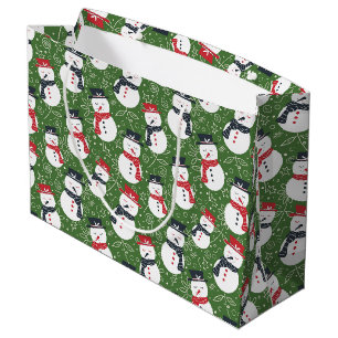 Mellow Snowmen - Xmas red on green snowman pattern Large Gift Bag