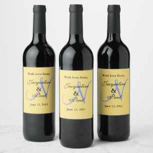 Mellow Yellow Blue Wedding Monogram Wine Label