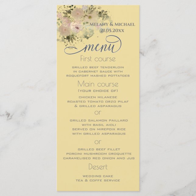 Mellow yellow watercolor boho floral trendy menu (Front)