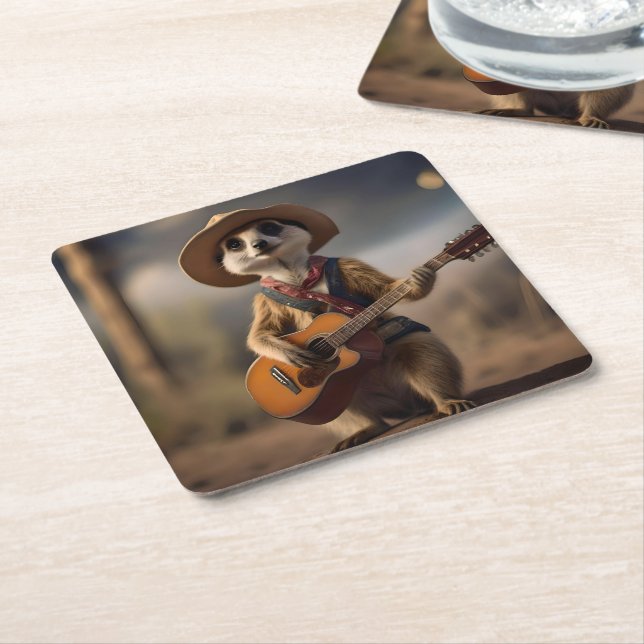 Melodies of the Savanna A Meerkat Guitar Serenade, Square Paper Coaster (Angled)