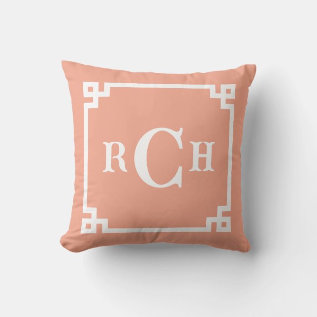 Melon Coral Reverse Chinoiserie Greek Key Monogram Cushion (Front)