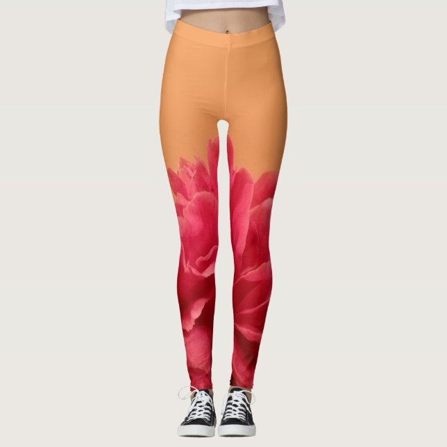 Melon Orange Hot Pink Floral Leggings (Front)