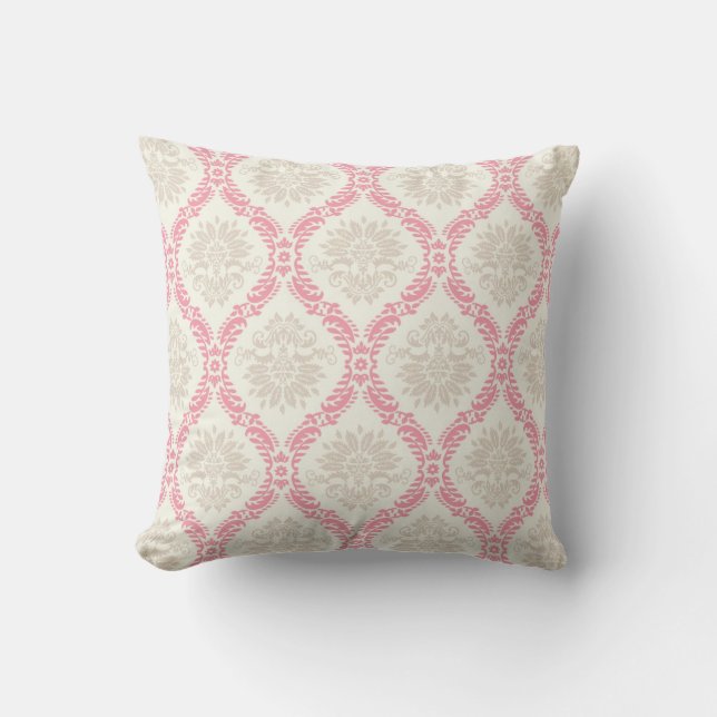 melon pink cream taupe damask pattern cushion (Front)