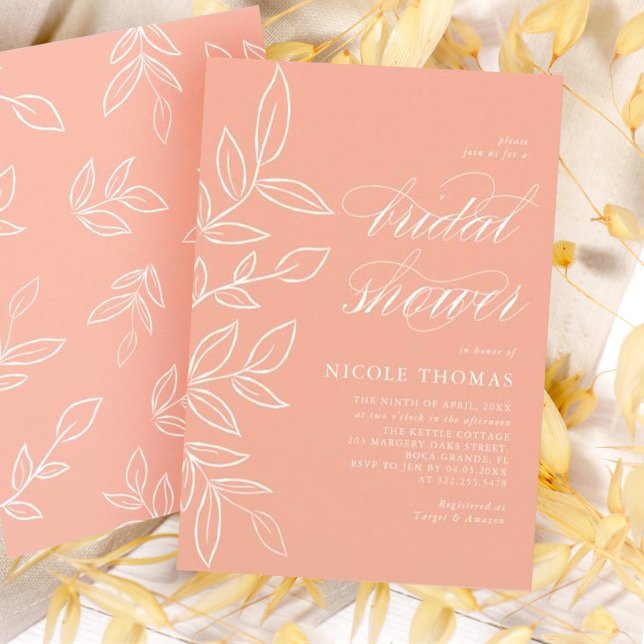 Melon Pink Minimalist Elegant Leaf Bridal Shower Invitation (Creator Uploaded)