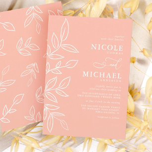 Melon Pink Minimalist Elegant Leaves Wedding Invitation