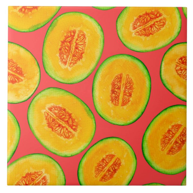 Melon slices watercolor pattern ceramic tile (Front)