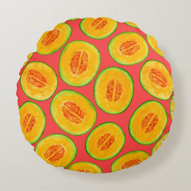 Melon slices watercolor pattern round cushion (Front)
