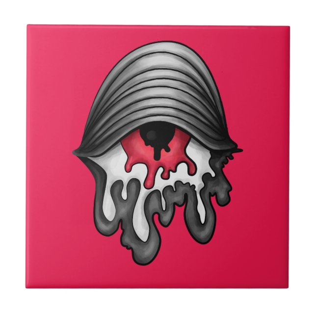 Melted Red Eye: Surreal Horror Ceramic Tile (Front)