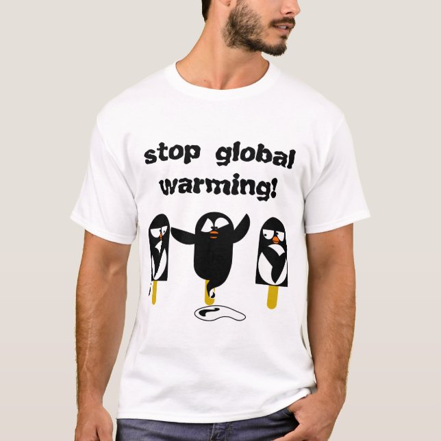 melting ice penguin T-shirt against global warming (Front)