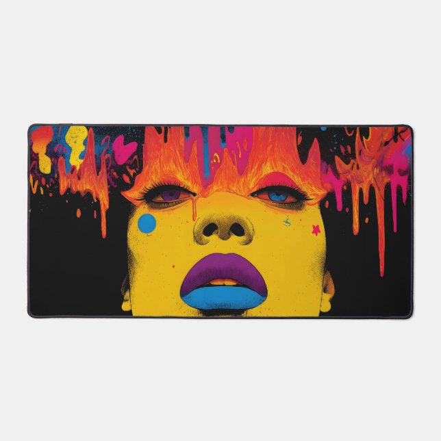 Melting Neon Muse – Psychedelic Pop Art Portrai Desk Mat (Front)