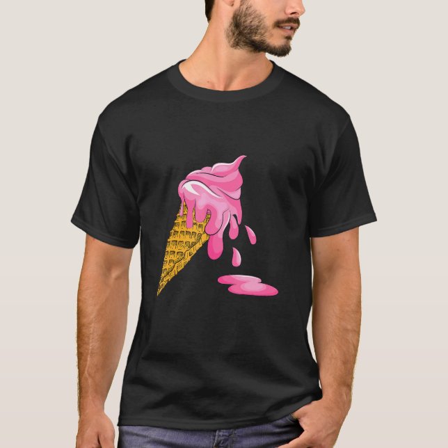 Melting Pink Strawberry Ice Cream Cone Foodie Food T-Shirt (Front)