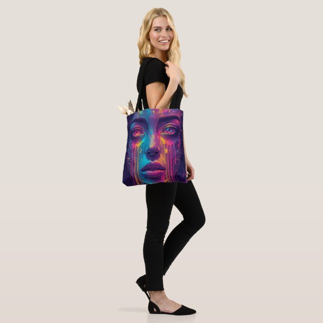 Melting Reality Tote Bag – Trippy Psychedelic Neon (On Model)