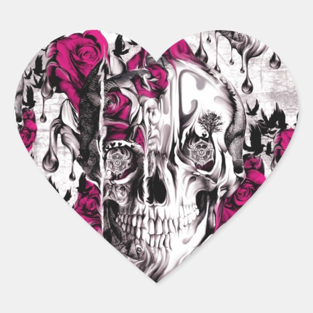 Melting Rose skull in grey and pink Heart Sticker (Front)