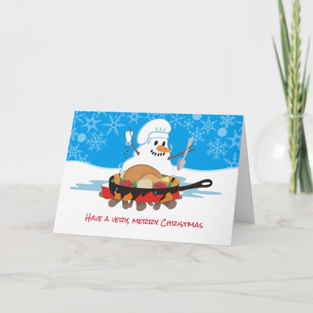 Melting snowman chef Christmas turkey campfire Holiday Card (Front)