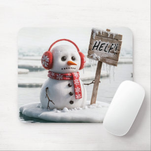 Melting Snowman On Ice Floe With Help Sign Mouse Pad