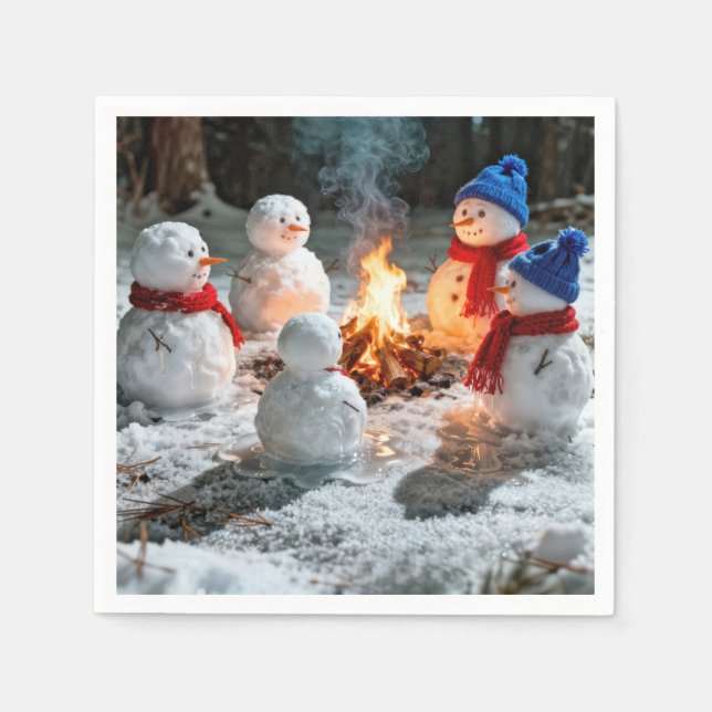 Melting Snowmen Around a Campfire Napkin (Front)