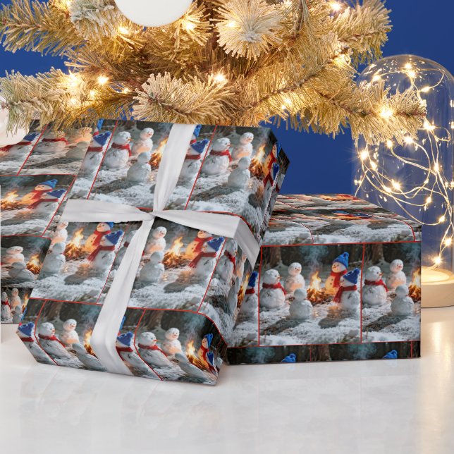 Melting Snowmen Sitting Around a Campfire Wrapping Paper (Holidays)