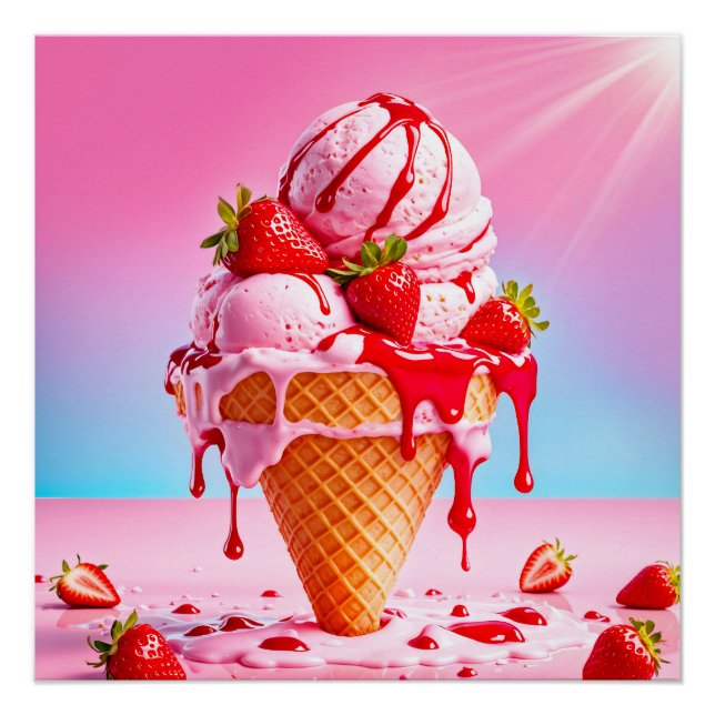Melting strawberry ice cream cone Glossy Poster (Front)