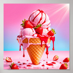 Melting strawberry ice cream cone poster