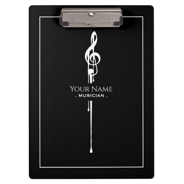 Melting White Treble Clef Classy Black Clipboard (Front)