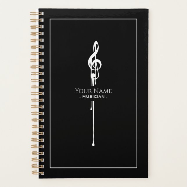 Melting White Treble Clef Classy Black Planner (Front)