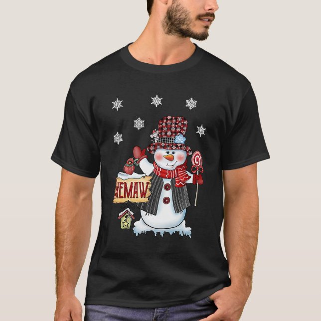 Memaw Snowman Christmas Candy Cane Red Plaid Santa T-Shirt (Front)