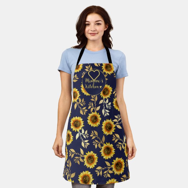 Memaw's Kitchen Yellow Gold Navy Sunflowers Leaves Apron (Worn)
