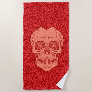 Memento Mori! Skull and Roses, Hand Drawn Beach Towel