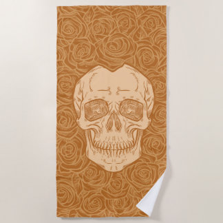 Memento Mori! Skull and Roses, Hand Drawn Beach Towel
