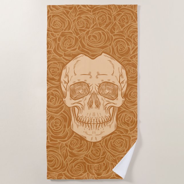 Memento Mori! Skull and Roses, Hand Drawn Beach Towel (Front)