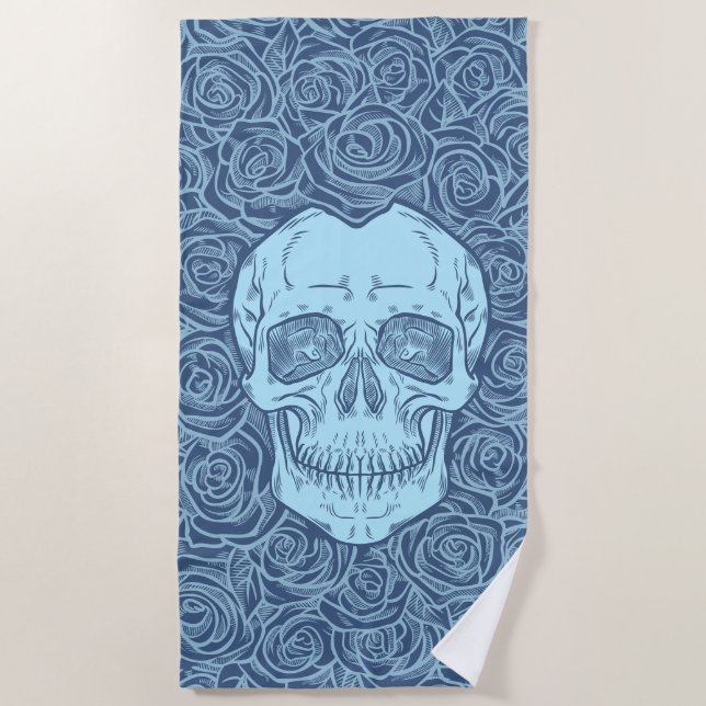 Memento Mori! Skull and Roses, Hand Drawn Beach Towel (Front)