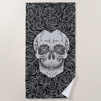 Memento Mori! Skull and Roses, Hand Drawn Beach Towel