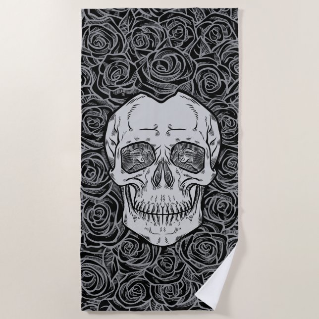Memento Mori! Skull and Roses, Hand Drawn Beach Towel (Front)