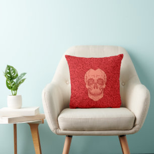 Memento Mori! Skull and Roses, Hand Drawn Cushion
