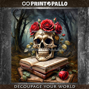 Memento mori: skull, rose flowers and books  tissue paper