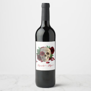 Memento Mori. Skull with red roses Wine Label