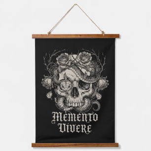 Memento Vivere Gothic Skull with Snake and Roses Hanging Tapestry
