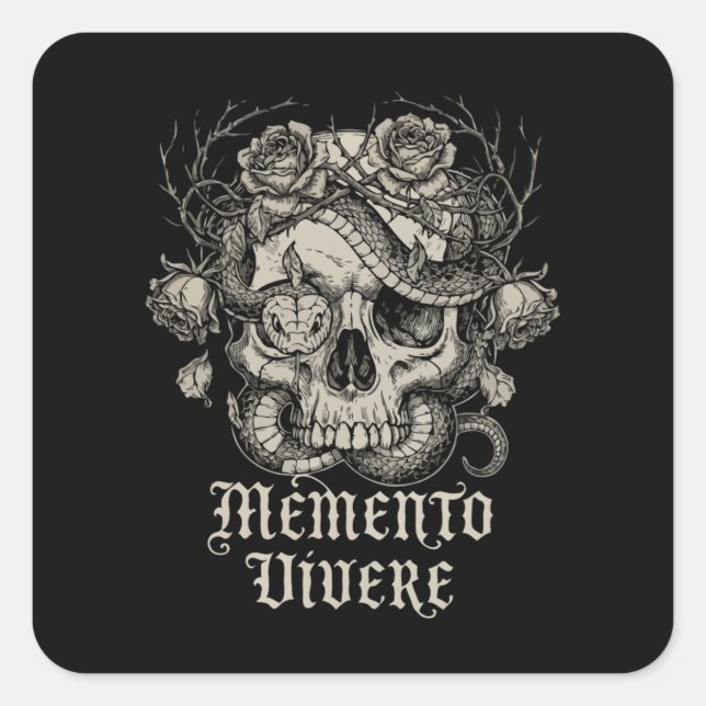 Memento Vivere Gothic Skull with Snake and Roses  Square Sticker (Front)